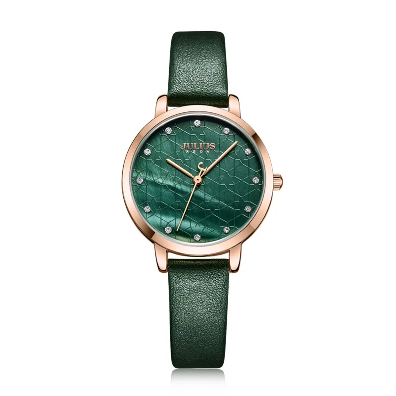 Julius Watch Green Women Leather Fashion Stylish Quartz Wristwatch Rosegold Stainless Steel Back case JA-1178 | Наручные часы
