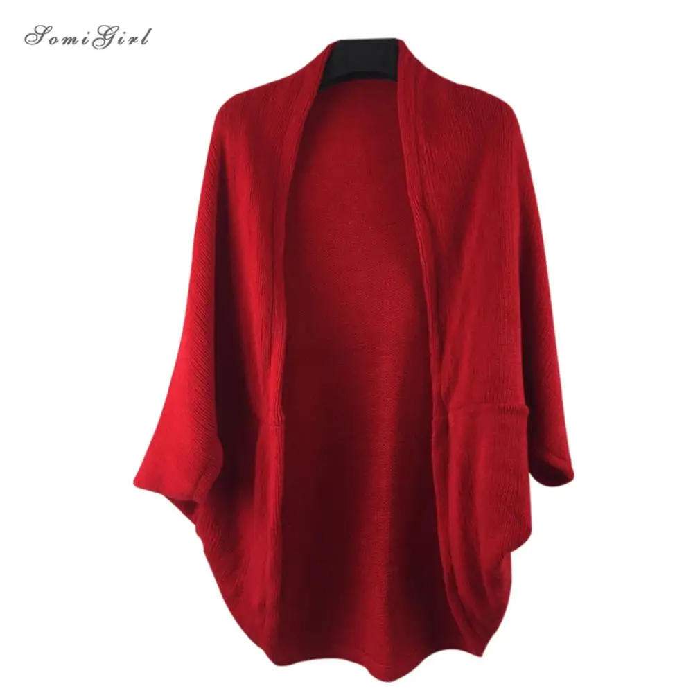 2018 New Women Loose Shawl Batwing Sleeves Lady Knit Sweater Coat Woolen Female Cardigans Red/Black Free Size |