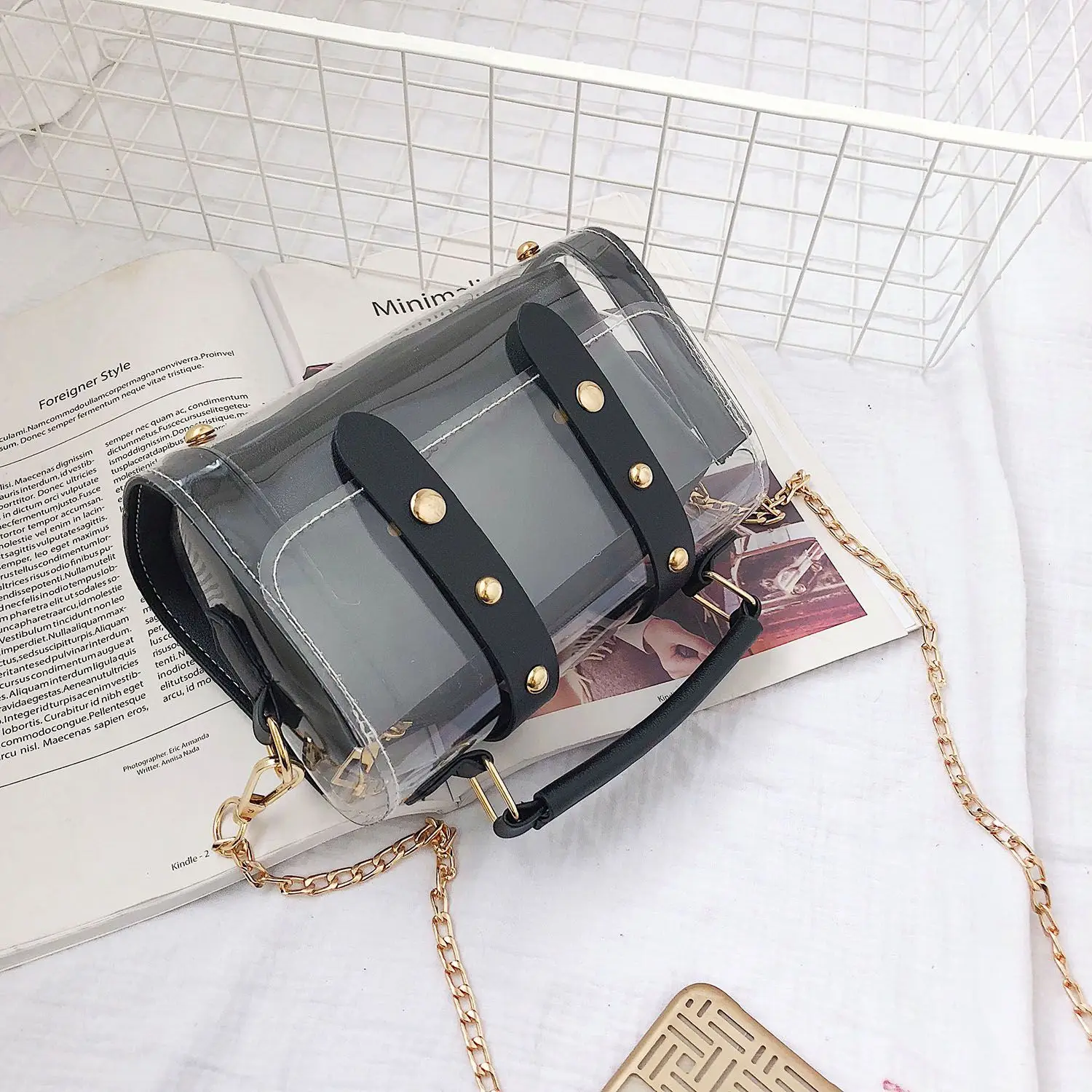 Модные женские прозрачные сумки с заклепками сумка через плечо цепочкой