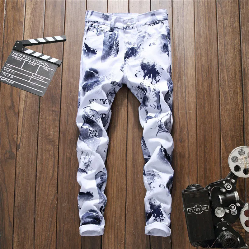 Men's 2018 Euro Style Floral Pant Men Colorful Graffiti Slim Jeans White Print Man Street Club Personal Real Photo | Мужская одежда