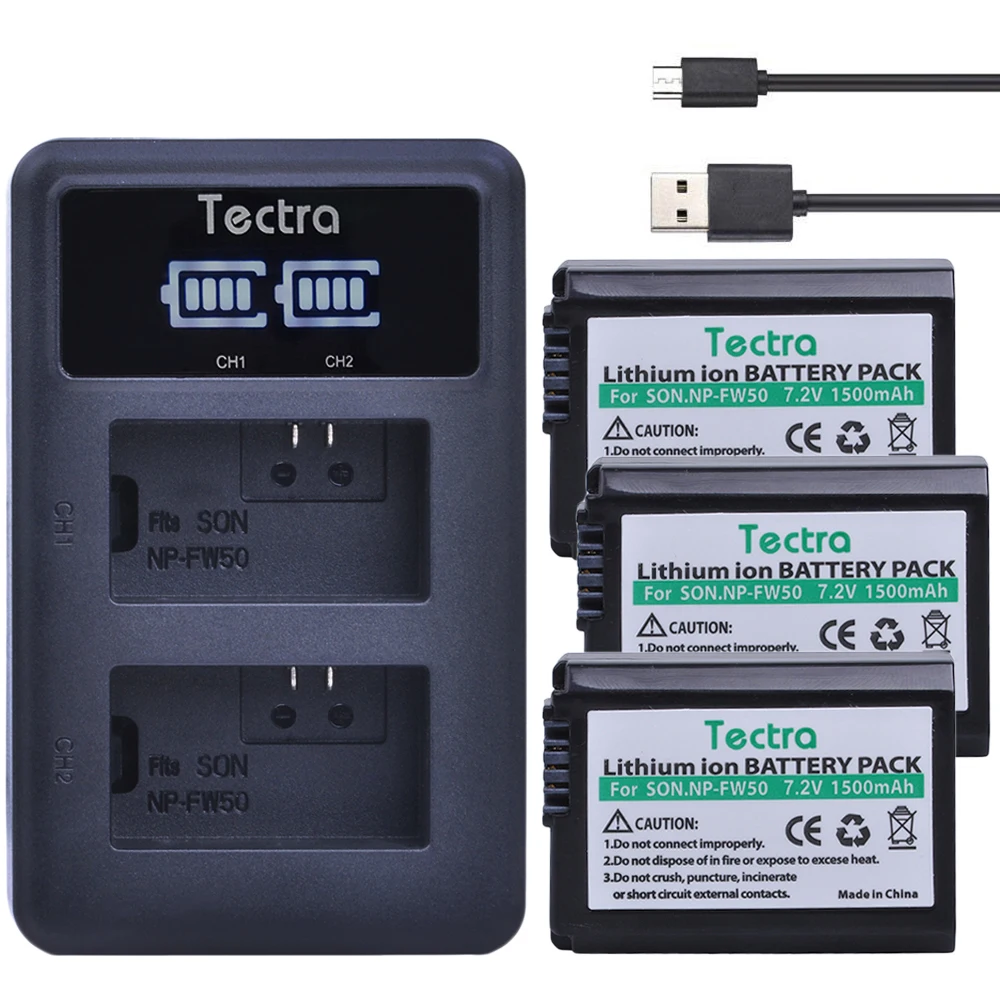 Tectra 3 шт. NP-FW50 NPFW50 NP FW50 батарея + светодиодный дисплей USB двойное зарядное