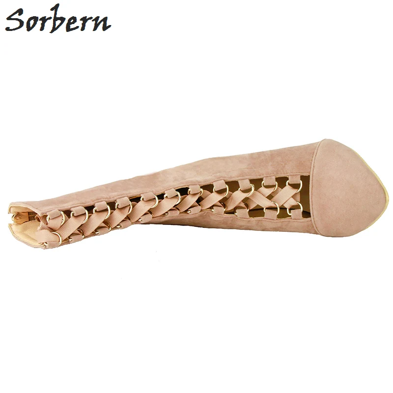 

Sorbern Nude Lace-Up Straps Pointed Toe Mid Calf Boots For Women Shoes High Heel Custom Red Bottoms Colors Boots Ladies New