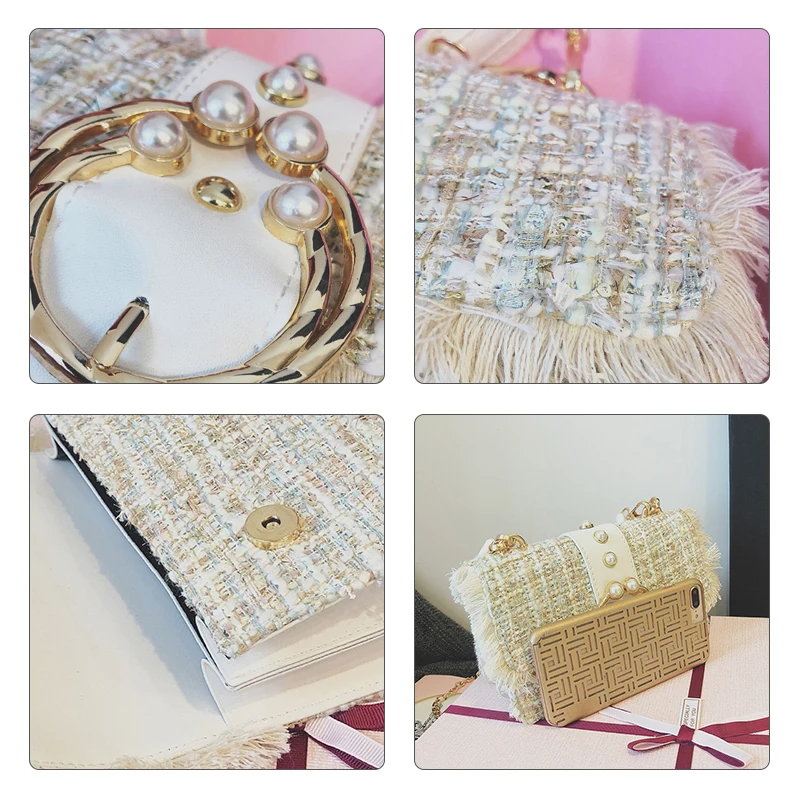 Wollen сумка мессенджер женские милые жемчужные цепи Лоскутная квадратная женская