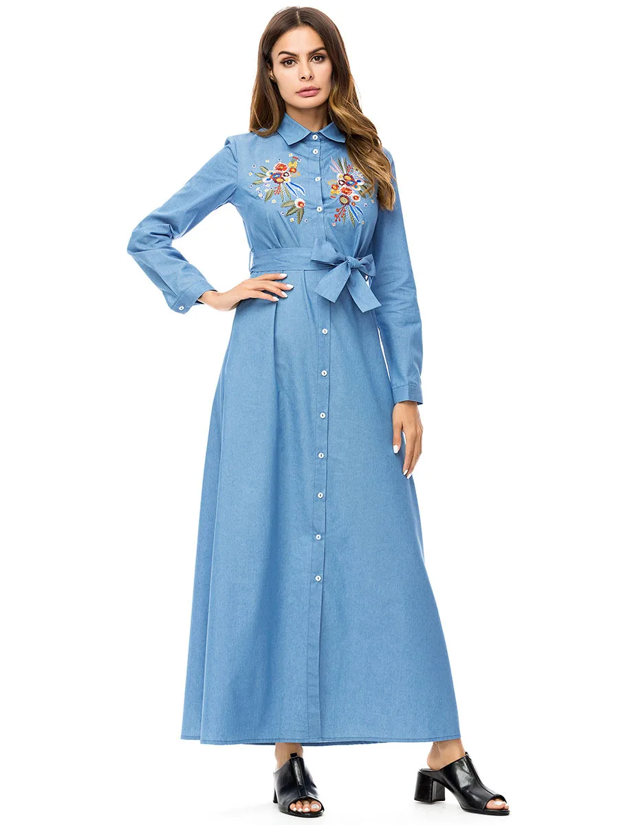 2019 плюс размер вышитое джинсовое платье с длинными рукавами женское осеннее