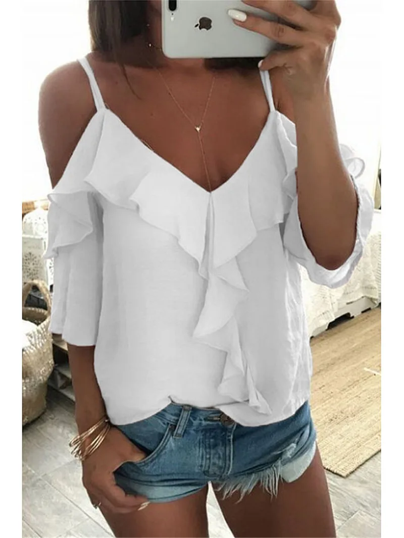 Женская футболка с v образным вырезом открытыми плечами коротким рукавом и