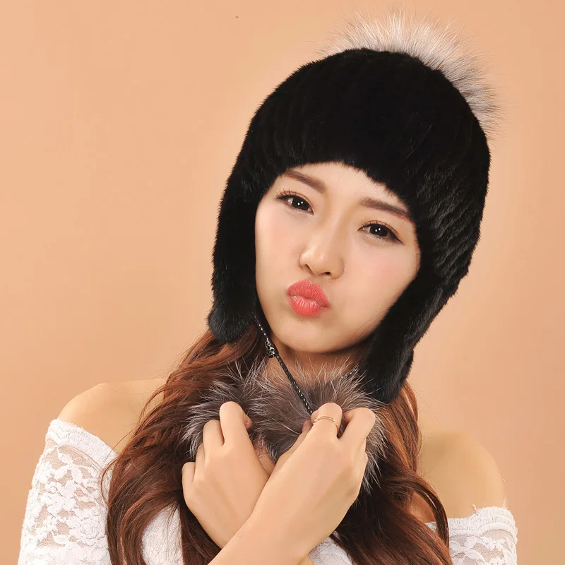 Новый стиль женские настоящие норковые меховая шапка зимняя вязаная с
