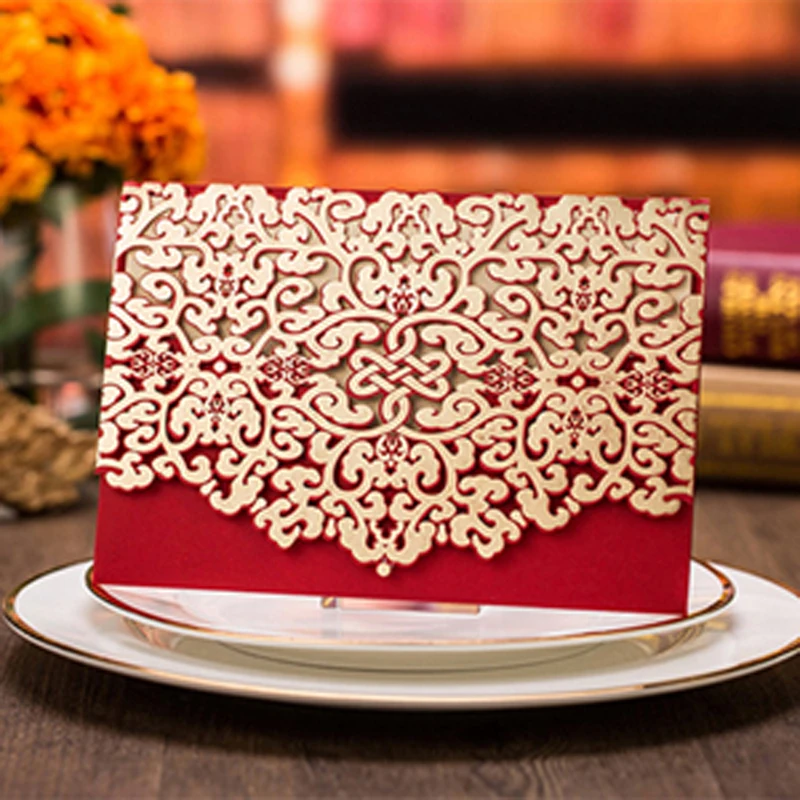 50pcs Red Luxury Flora Hollow Marriage Wedding Invitations Cards Laser Cut 3D Card Greeting Postcard Event Party Supplies | Дом и сад