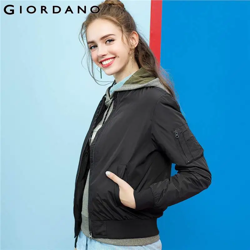 Giordano женская «пилотная» куртка с длинными рукавами на молнии, выполнена в одном сплошном цвете,имеет широкий размерный ряд