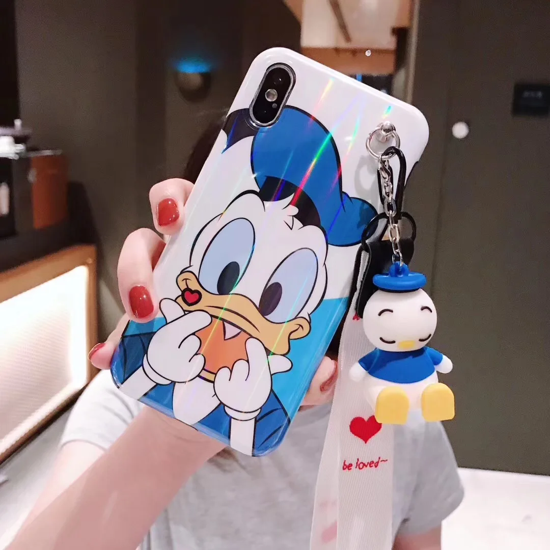 2 Пара милый мультяшный чехол для телефона аниме для iphone XR X XS MAX 7 8 6 Plus 3 в 1 кукла игрушка радуга Дональд Дак чехол с маргаритками ремешок - Цвет: 2