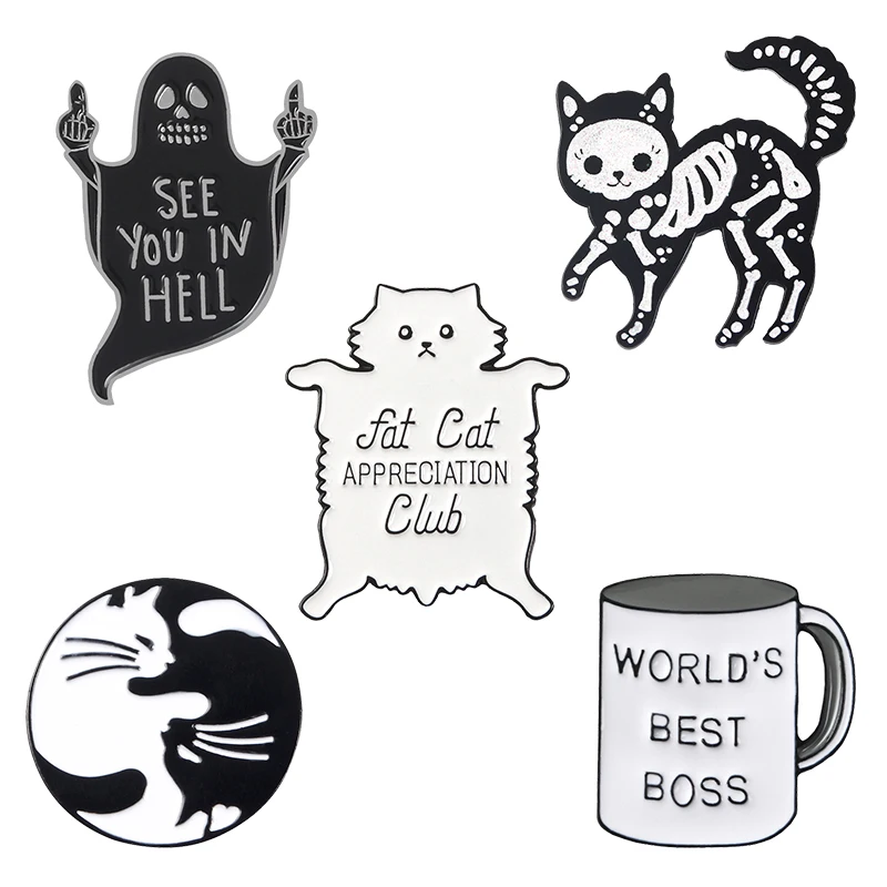 

Yin Yang Cat Ghost Glitter Skeleton Cat Boss Mug Black White Enamel Pin Buckle Cartoon Custom Brooch Bag Clothes Accessories