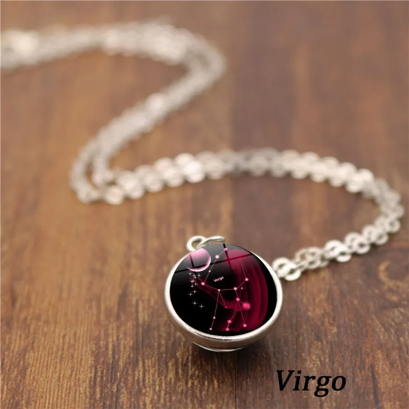 virgo 12 Созвездие двухсторонний шар стеклянный кулон ожерелье Знак зодиака персонализированные ювелирные изделия Серебряная цепочка Ожерелье для мужчин и женщин Подарки - Окраска металла: virgo