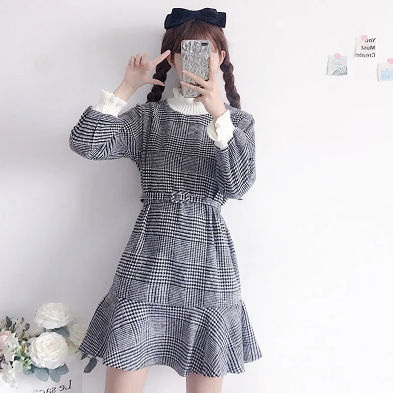 

Autumn dress 2018 Korean version of the new fresh grid Trumpet / Mermaid Sweet Slim Fashion Casual Knee-Length Dress