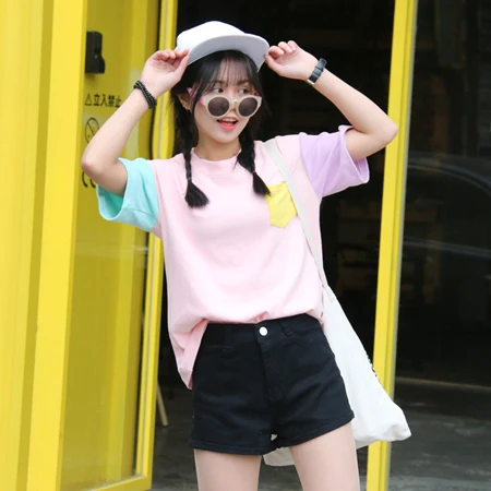 Женская футболка с коротким рукавом Повседневная Свободная составного кроя из