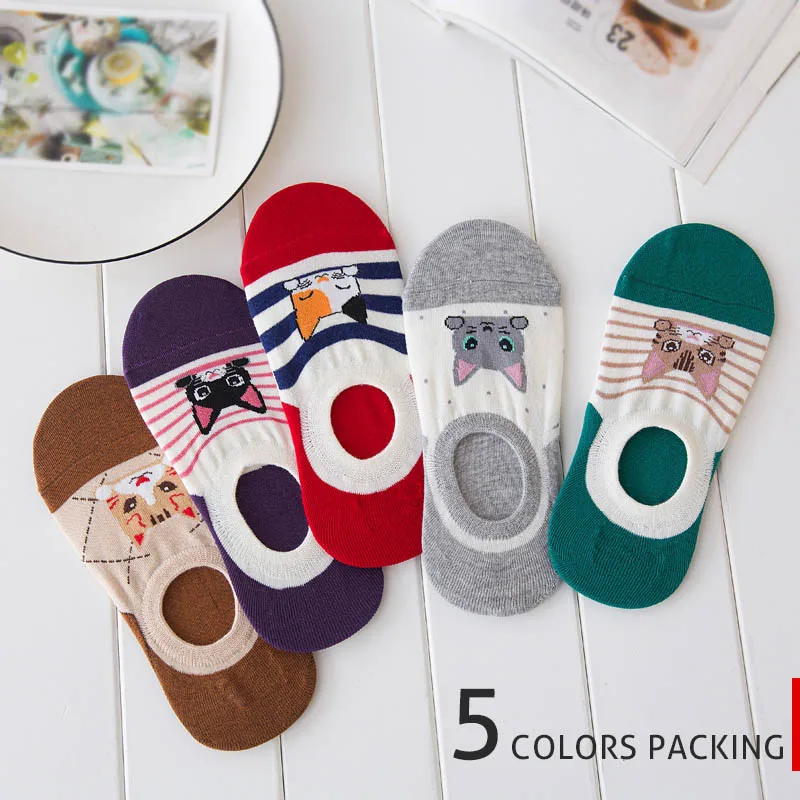 5 Colors packing HSS/новые высококачественные женские носки с рисунками милые носки кэтбот летние легкие Тапочки хлопковые милые носки-тапочки для девочек - Цвет: 5 Colors packing