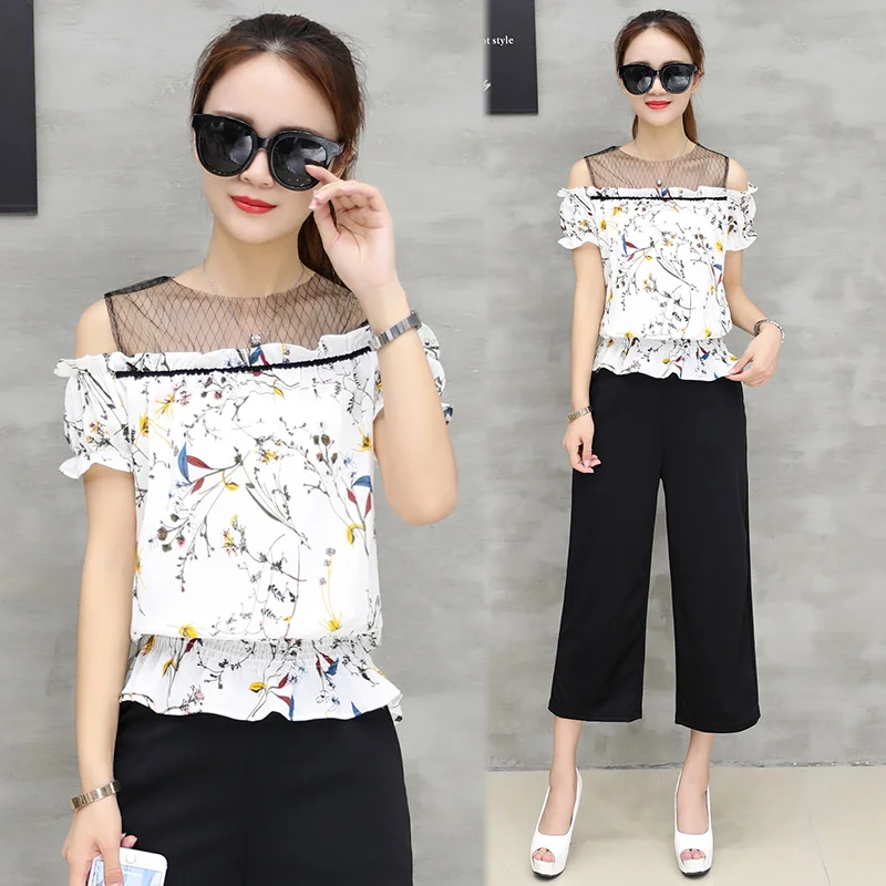 Summer wear new short-sleeved floral chiffon top blouse &amp black pants casual suit women wide-legged trousers outfit leisure |