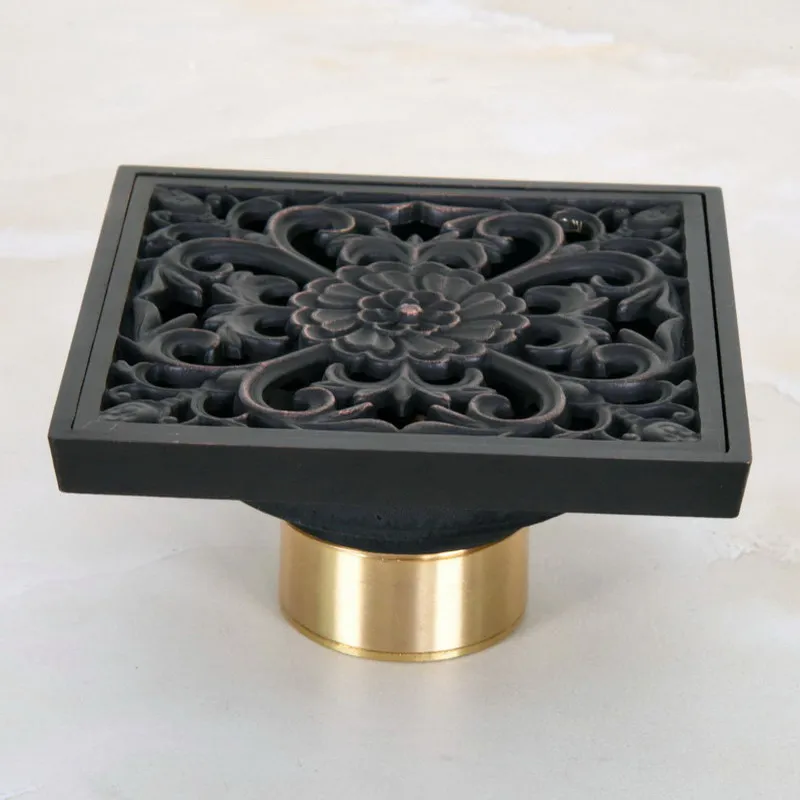

Black Oil Rubbed Bronze Carved Flower Pattern Bathroom Shower Drain 4" Square Floor Drain Waste Grates ahr049