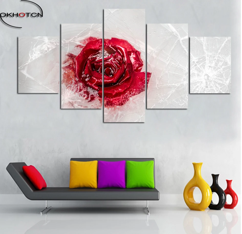 Настенная модульная картина замороженная красная роза 5 панелей|art canvas|red rose
