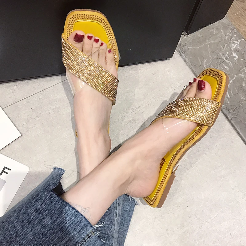 Rimocy shining crystal pvc transparent slippers women summer beach casual slip on flat heels sandals shoes woman yellow slides | Обувь