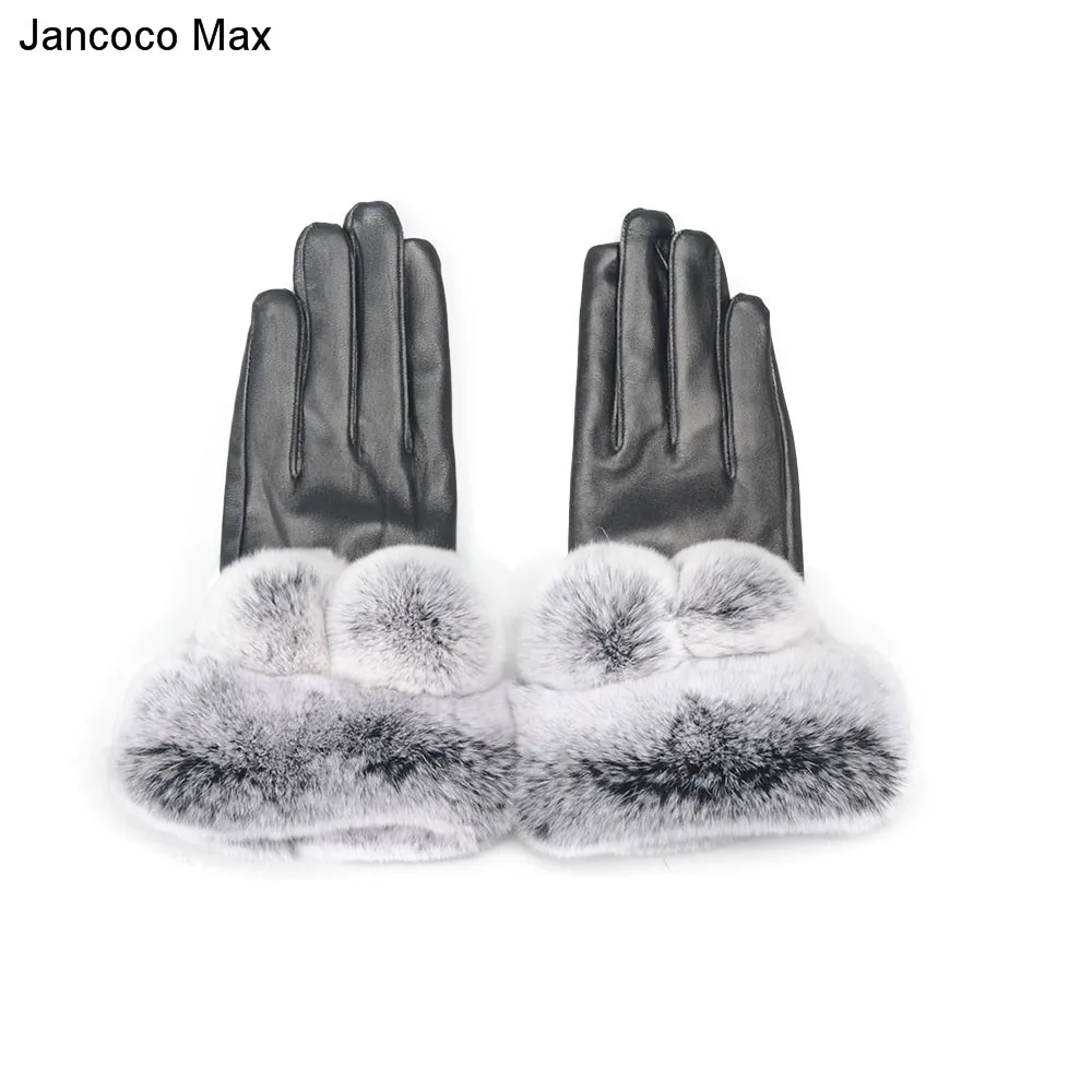 Jancoco Max Прихватки для мангала для женщин сенсорный экран Зимние теплые из натуральной овечьей кожи Rex помпоны из кроличьего меха S2035