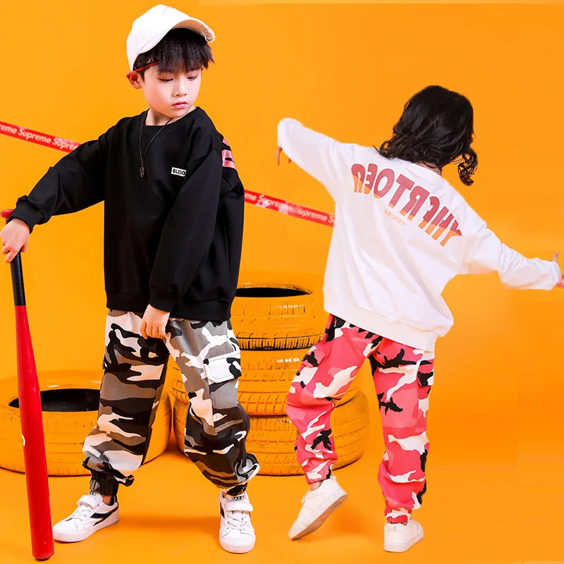 

Girls Boys Hip Hop Dancing Costumes for Kids Jazz Ballroom Dance Clothes T Shirt Tops Camouflage Jogger Pants Shows Dancewear