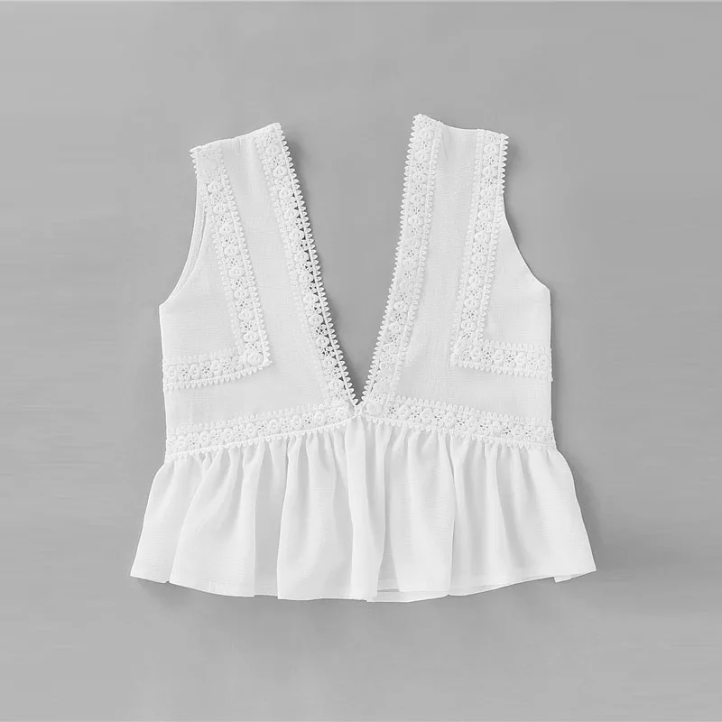 Белый COLROVIE погружающийся V-Neck кружевной Обрезной жабо подол Топ Белый контрастный кружевной гофрированный подол Женский Топ Глубокий v-образный вырез укороченный жилет - Цвет: Белый