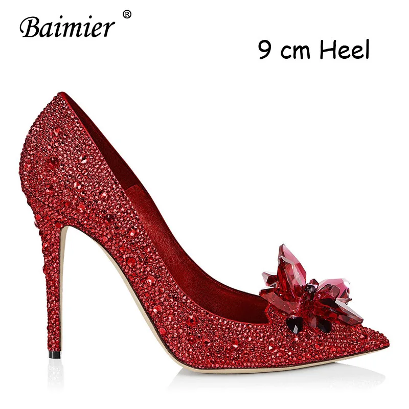 Red 9 cm Pumps Baimier Элитный бренд с украшением в виде кристаллов женская свадебная обувь Стразы туфли Золушки Для женщин женские туфли-лодочки на высоком каблуке размера плюс, 10, 11, 12 лет - Цвет: Red 9 cm Pumps