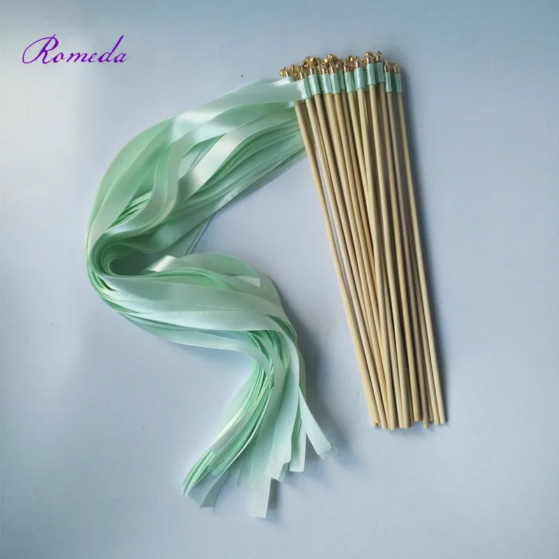 New Arrived 50Ppcs/lot light green stain ribbon wedding wands stick with gold bell ribon Stick Twirling Streamers for | Дом и сад
