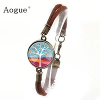 lucky brown artificial leather tree of life bracelet rock biker bracelets dome round glass cabochon