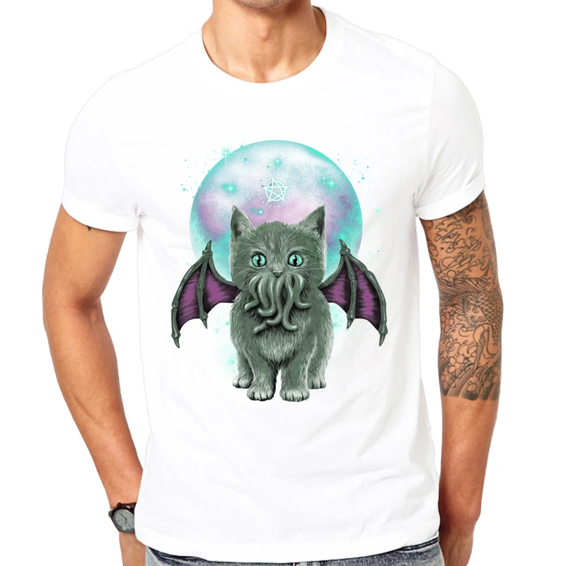 

Summer new Fashion Cat of Cthulhu printed T-shirt Cool Men Summer Shirt Brand Fashion white T-Shirt Comfortable Tops Cool design