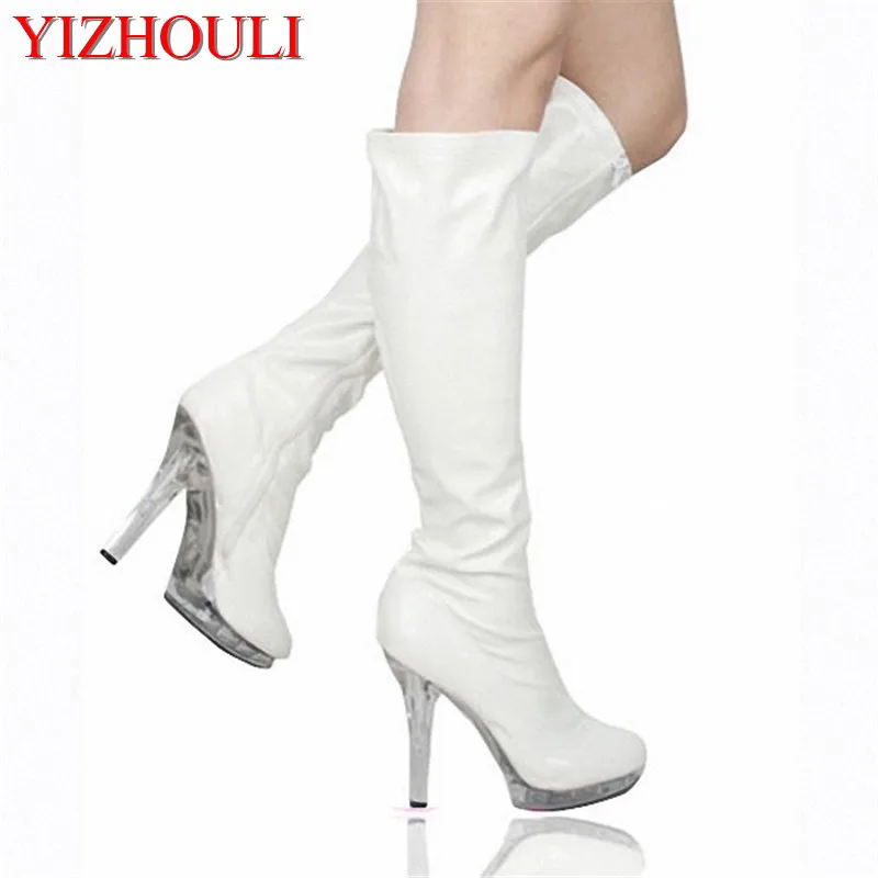 13cm foreign trade large lady's boots, white dazzling T stage show runway photos of sexy nightclub stage Dance Shoes