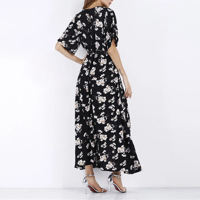 Женское платье с v образным вырезом длинное шифоновое цветочное летнее модное