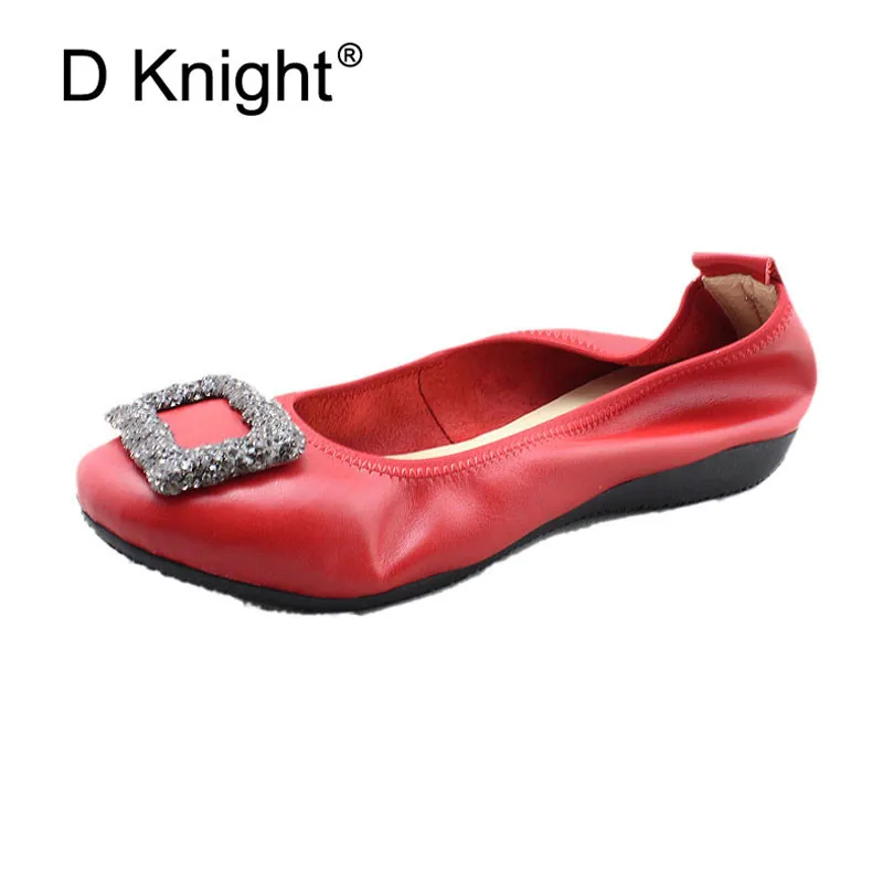 

2018 Genuine Leather Flat Shoes Woman Handmade Crystal Loafers Cowhide Flexible Spring Casual Ballet Shoes Women Flats Plus Size