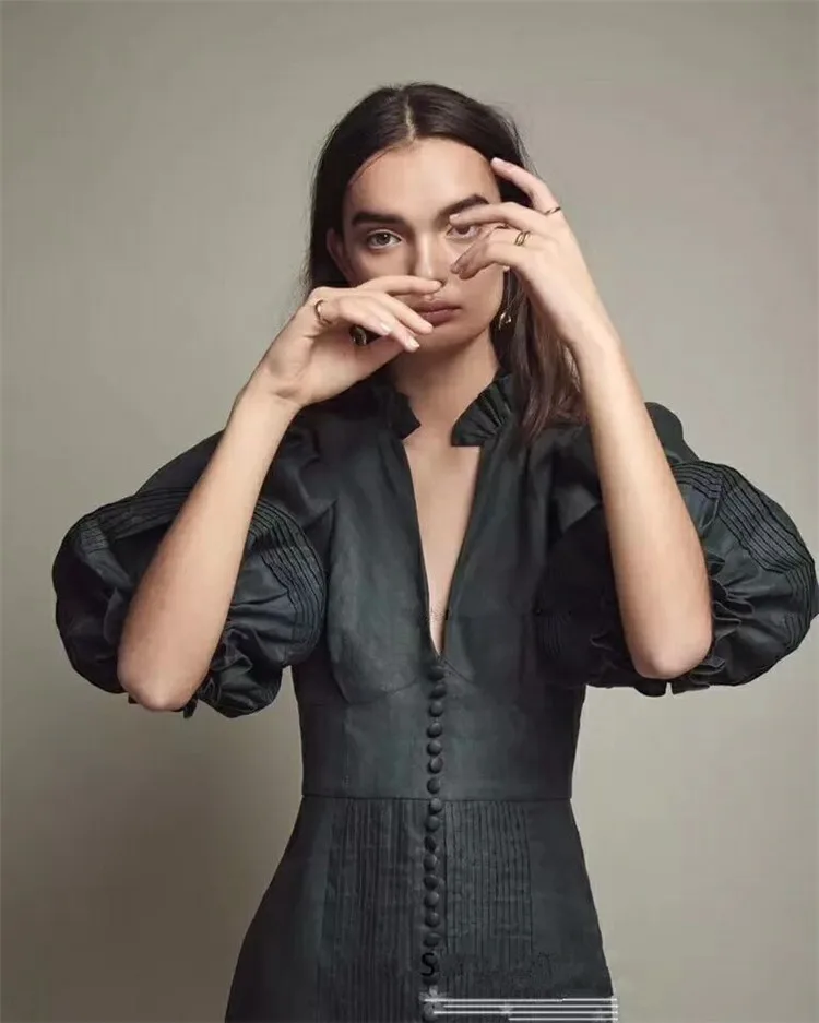 Tang Новое поступление 2019 Лето ретро повязка платье с пышными рукавами глубокий v