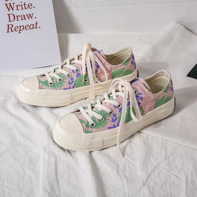 pink low 1970s парусиновая обувь с вышивкой для женщин; Новинка года; кроссовки для студентов в Корейском стиле; обувь для скейтборда с цветочным узором на шнуровке; высокие кроссовки; Размеры 35-40 - Цвет: pink low