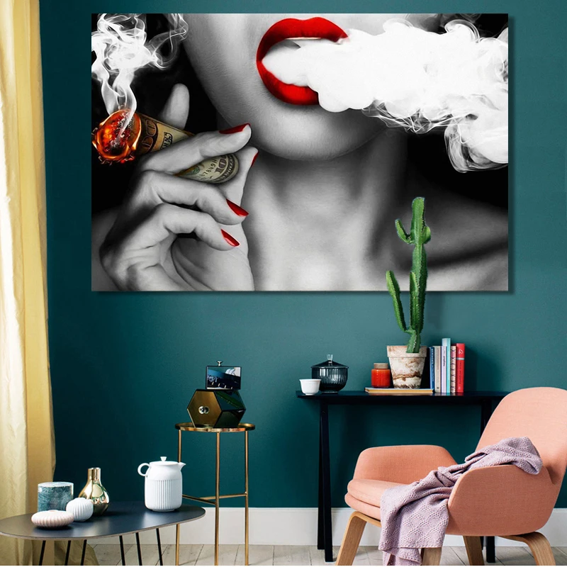 Modern Abstract Portrait Posters and Prints Wall Art Canvas Painting Women Smoke Money Oil on the Creative Decor | Дом и сад