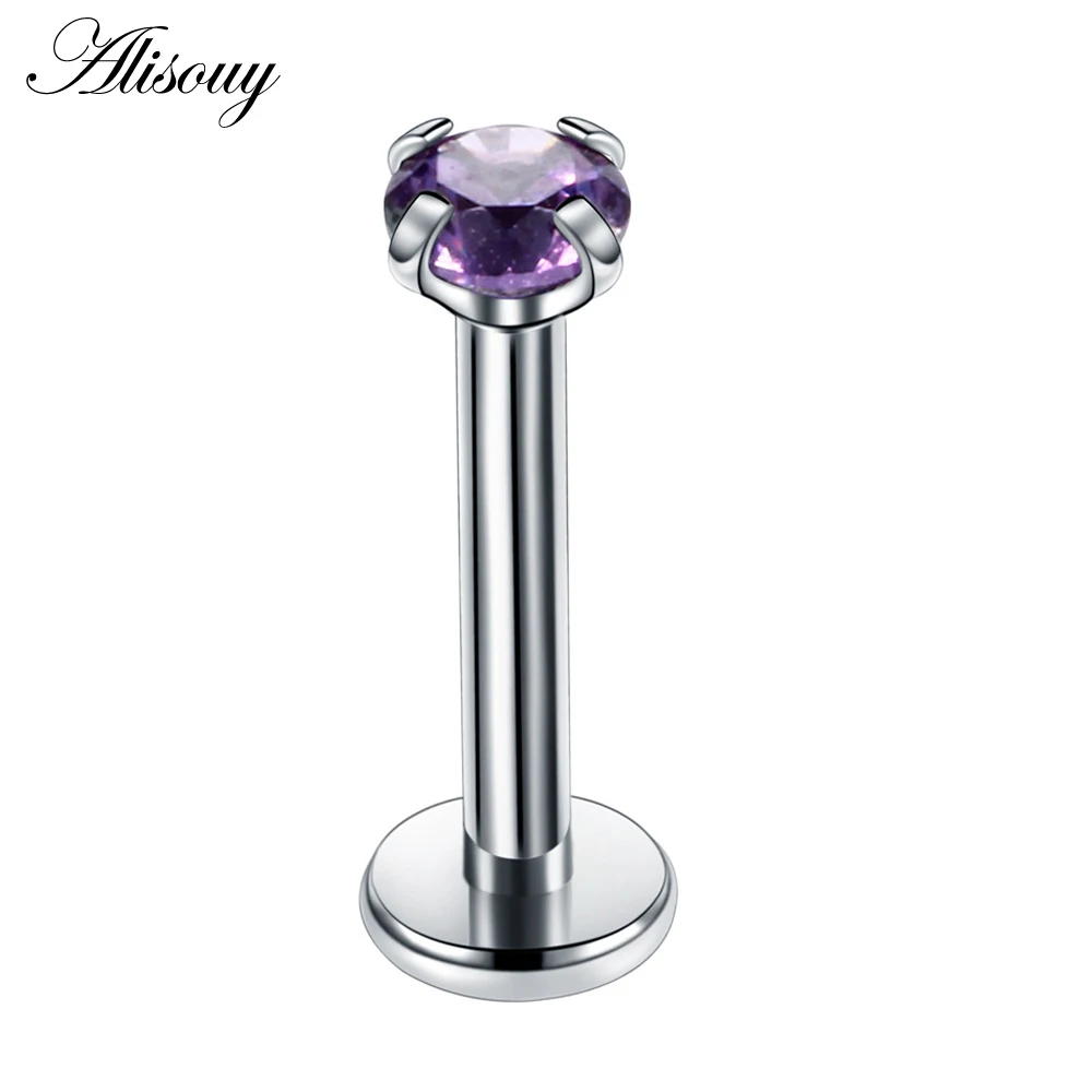 Purple Alisouy 1 шт. 16G 6/8 мм круглый прозрачный камень пирсинг Лабрет Спиральные серьги пирсинг плоский нос кольцо Козелка хряща пирсинг - Окраска металла: Purple