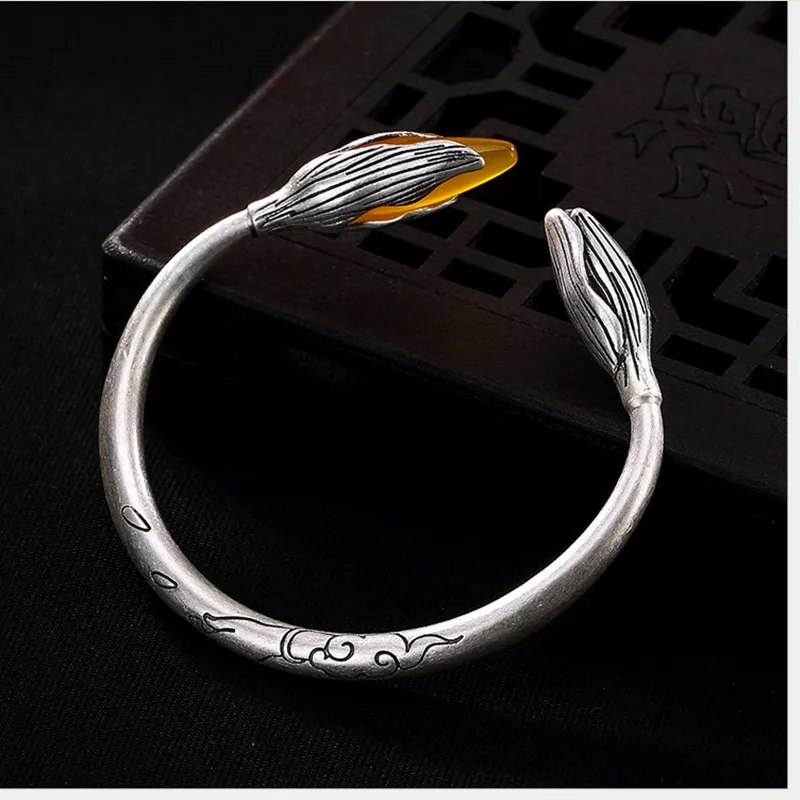 

Uglyless S 990 Fine Silver Jewelry Natural Yellow Chalcedony Bangles Women Vintage Handmade Carved Lotus Bangle Magnolia Bijoux