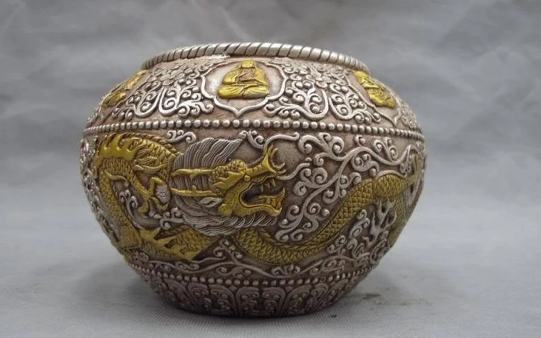 

Tibet white bronze silver Tsongkhapa 2 Dragon play bead cense incense burner pot