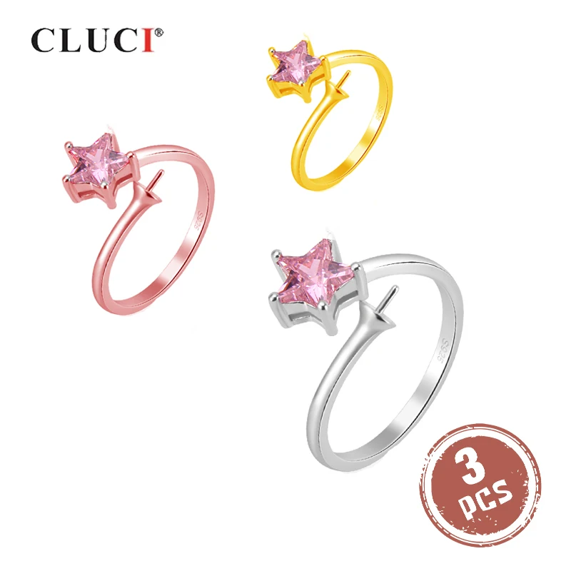 

CLUCI 3pcs 925 Sterling Silver Star Pearl Ring Mounting for Women Silver 925 Purple Zircon Jewelry Adjustable Rings SR2139SB