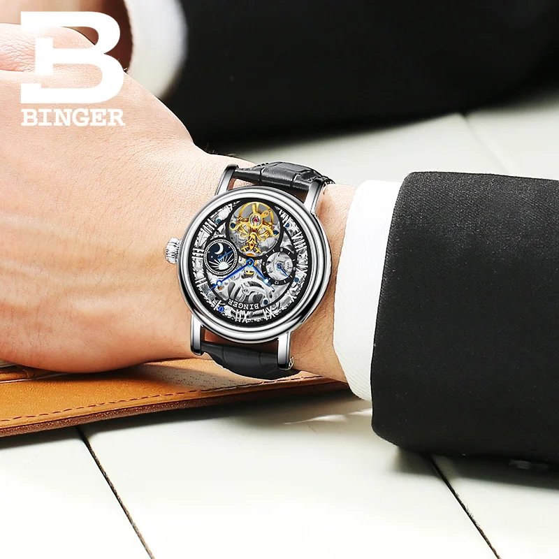 Швейцарские BINGER Skeleton Tourbillon модные повседневные дизайнерские Механические мужские s часы Лидирующий бренд Роскошные автоматические часы для мужчин