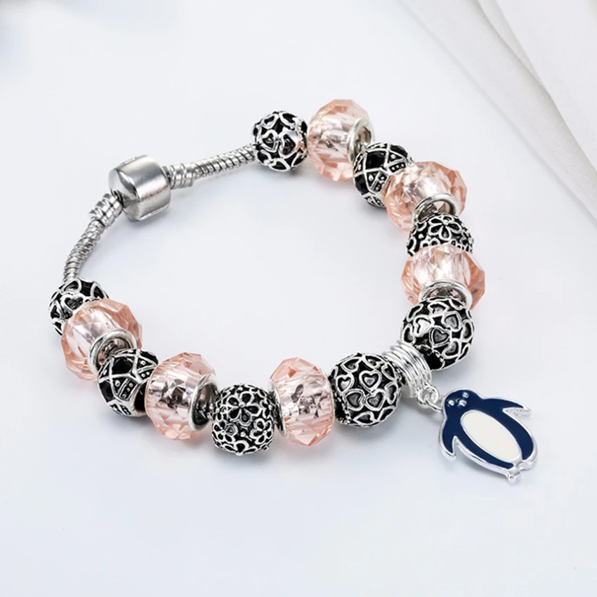 Cxwind Fashion Pink Glass Heart Beads Bracelet Cute Penguin Pendant Snake Chain Bangles for Women Girl Summer Jewelry | Украшения и