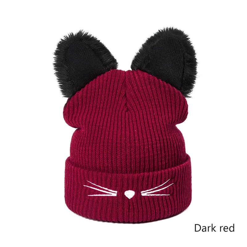 Модные хлопковые зимние головные уборы для женщин Skullies Beanies милая мягкая вязаная шапка в форме кошки для женщин и девушек, милые шапочки для волос - Цвет: D