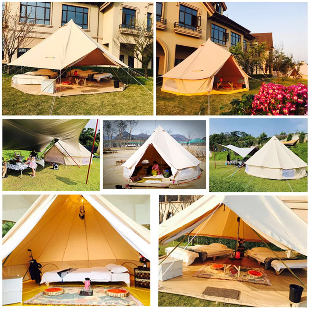 India yurt light khaki cotton canvas bell tent with stove jacket on the wall family 4m/5m dia |