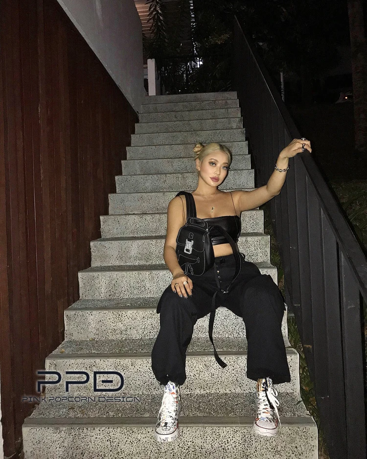 Вымытые ленты сплайсинга карман военные брюки Drawstring талия повседневные брюки