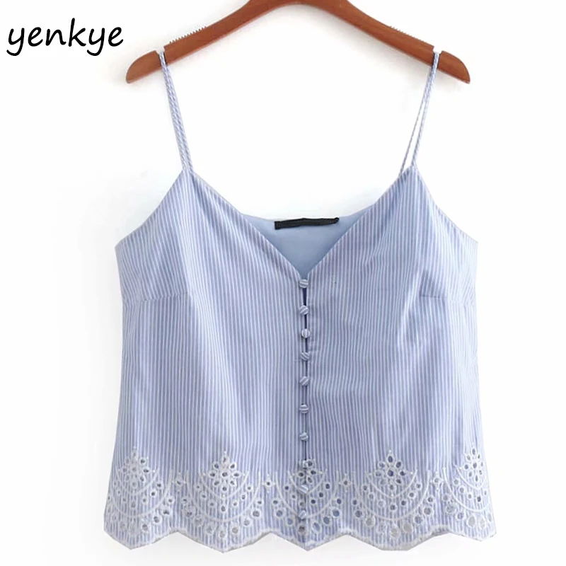 Cami светло-голубой в полоску летние топы Для женщин полые Embroidered Crop Top пикантные