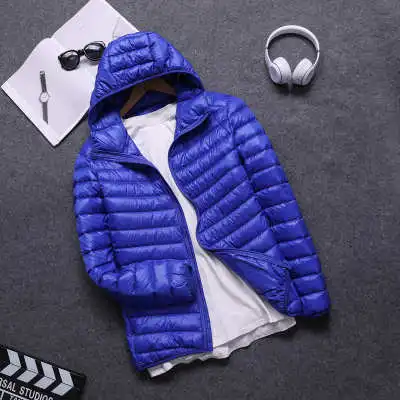 hooded blue Новинка, мужской пуховик, Осень-зима, уличная мужская куртка с капюшоном и стоячим воротником, белый утиный пух, Походное пальто, мужское тонкое однотонное теплое пальто - Цвет: hooded blue
