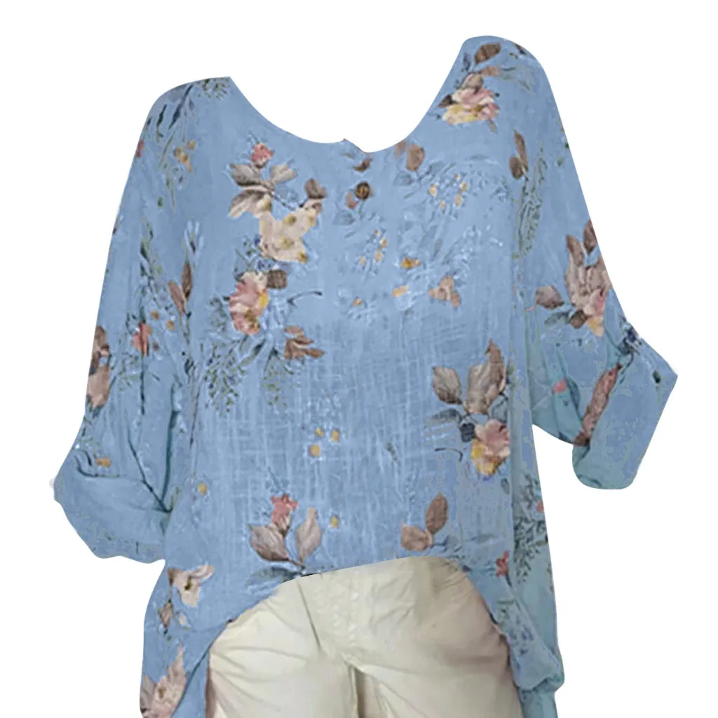 Женский топ и футболка размера плюс цветочный принт круглый вырез рукав три