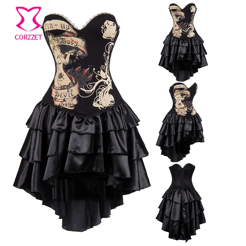 Black Vintage Print Cotton Strapless Bustier Dress Burlesque Outfits Victorian Steampunk Costume Gothic Corset Dresses For Women | Женская