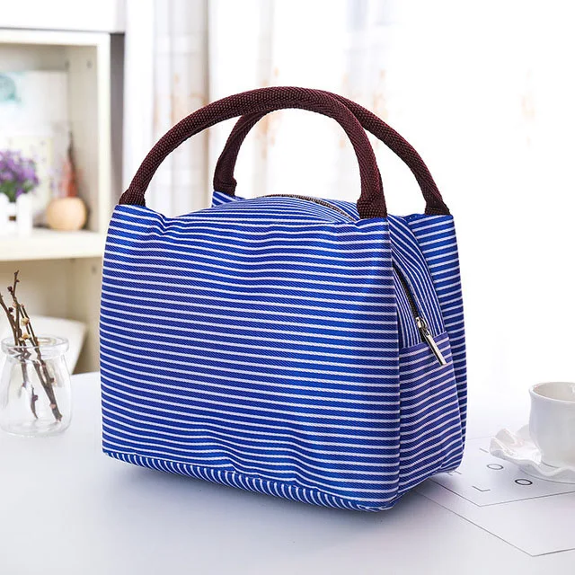 Waterproof Canvas Insulated Lunch Bag Aluminum Foil Stripe Handbags Food Storage Cooler Ice Bag Unisex Portable Lunch Box Tote - Цвет: blue