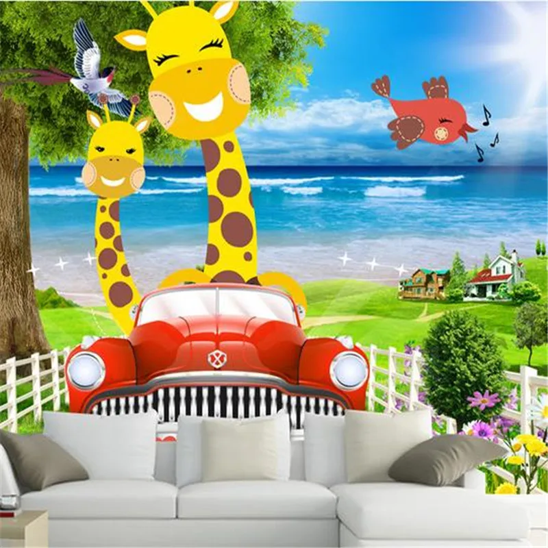 3D Custom Cartoon Pattern Wallpapers Kids Murals for Children's Room Background Giraffe Car Mural Tree Sea Pictures Walls Paper |